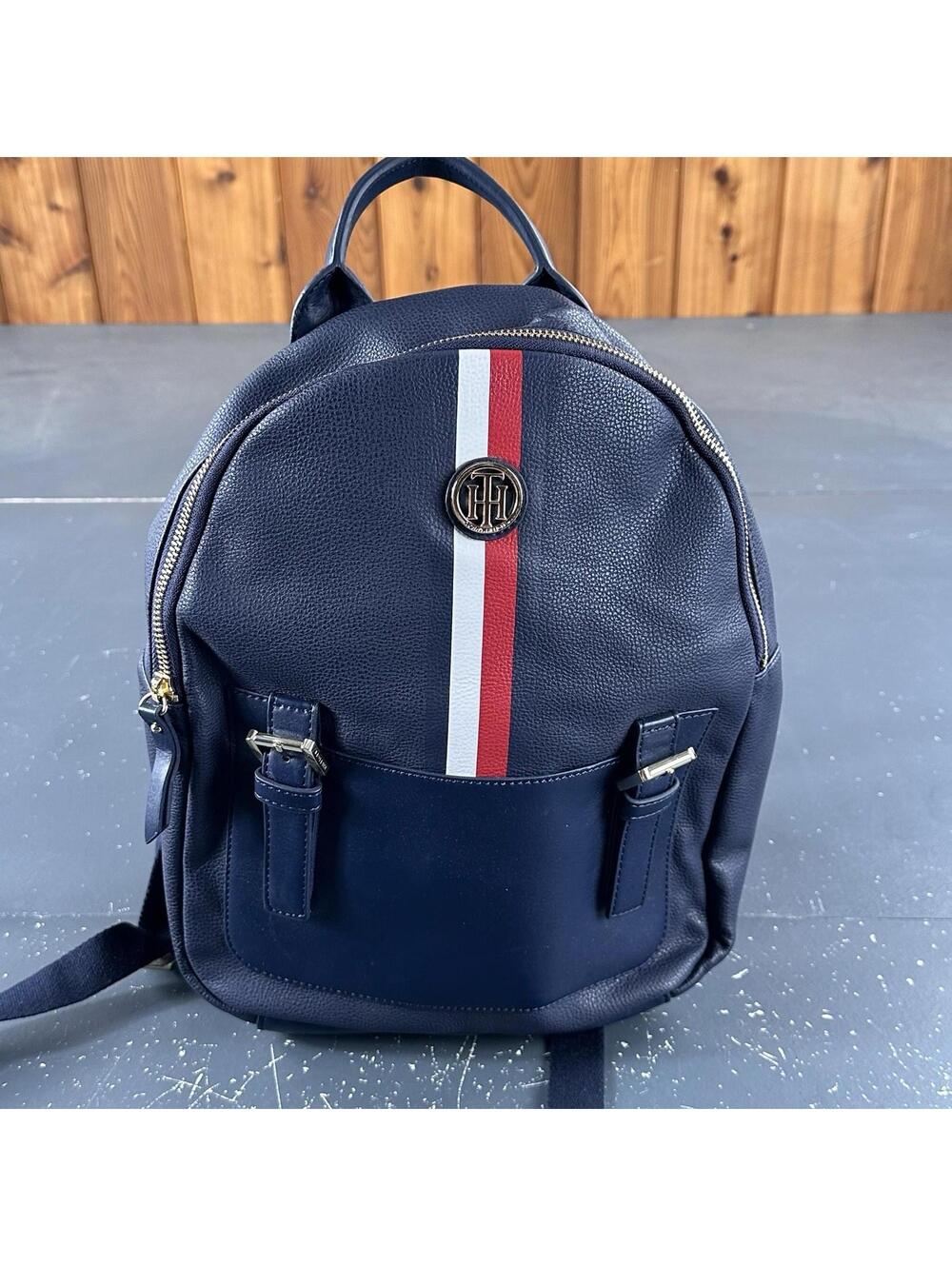 Tommy Hilfiger Leather Backpack Blue Striped Mini Day Bag 12x10x4 EUC
